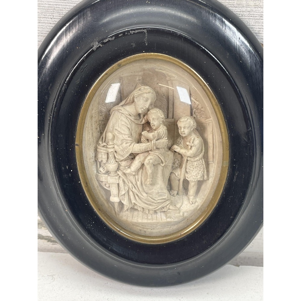 Antique 19th C Carved Madonna Child St John Round Plaque Framed Under Glass